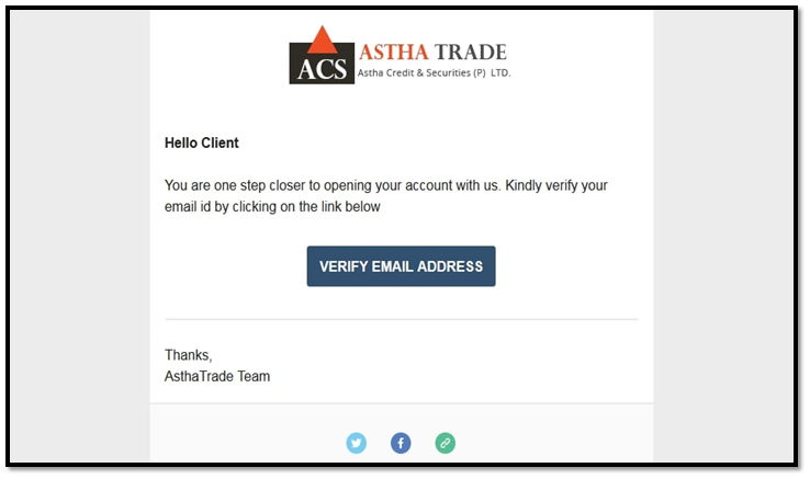 Email id Verification message from Astha Trade