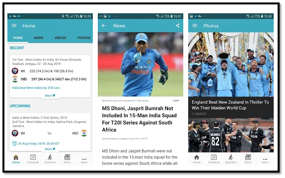 NDTV Cricket App Interface