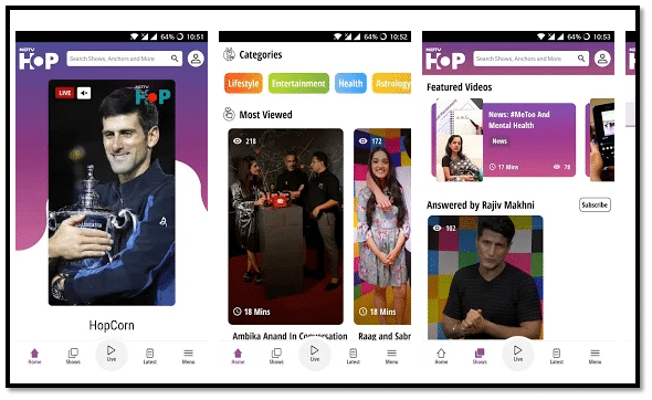 NDTV Hop Live App Interface