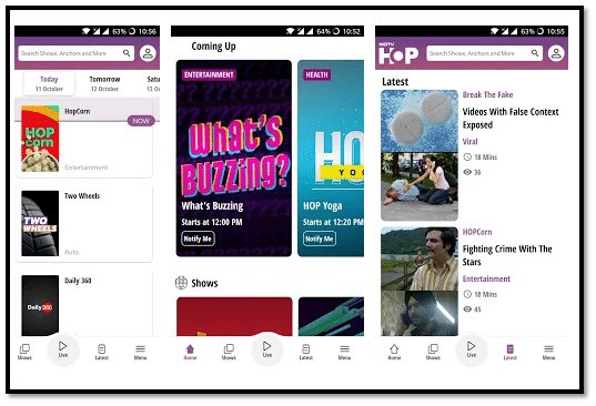 NDTV Hop Live App Interface